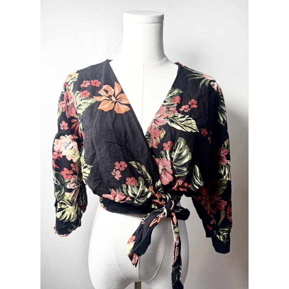 Lost + Wander Black Floral Women's Wrap Top Vacation Balloon Sleeve Resort Sz M
